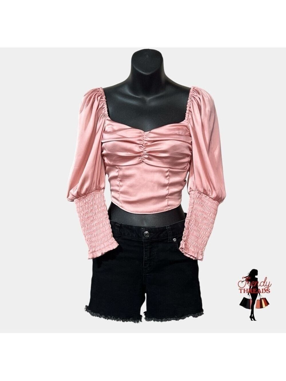 H&M Divided NEW Satin Puff Shoulder 3/4 Sleeves Corset Crop Top Pink Balletcore